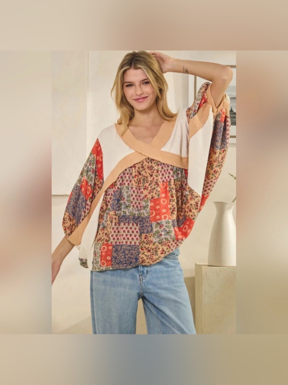 New Oli & Hali Boho Patchwork Mixed-Print Top ~ Cream and Coral